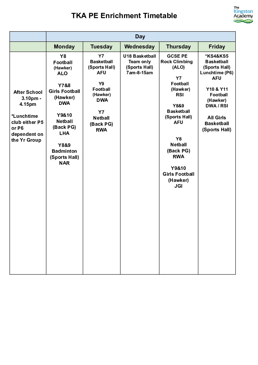 PE Enrichment Timetable Sept 25